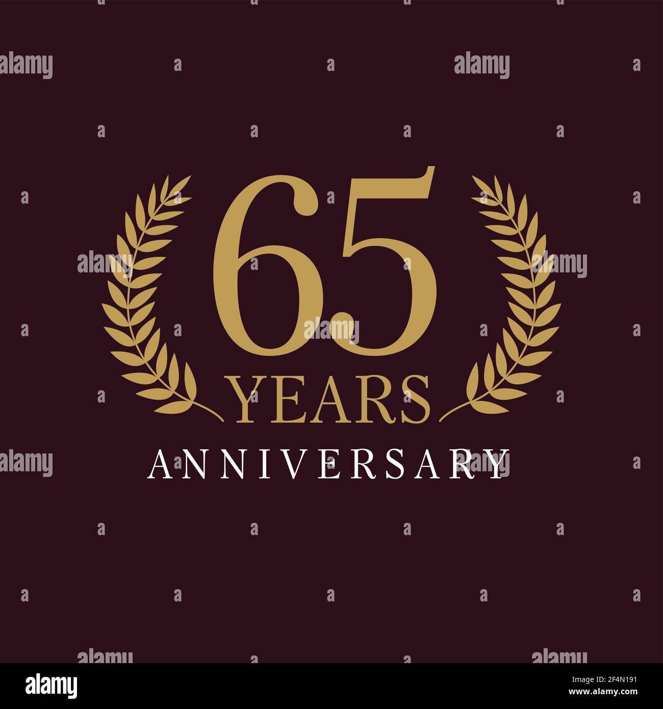 65 years old creative logotype. Congratulating 65th numbers gold colored template framed in palms. Isolated abstract graphic design template. Celebrat Stock Vector