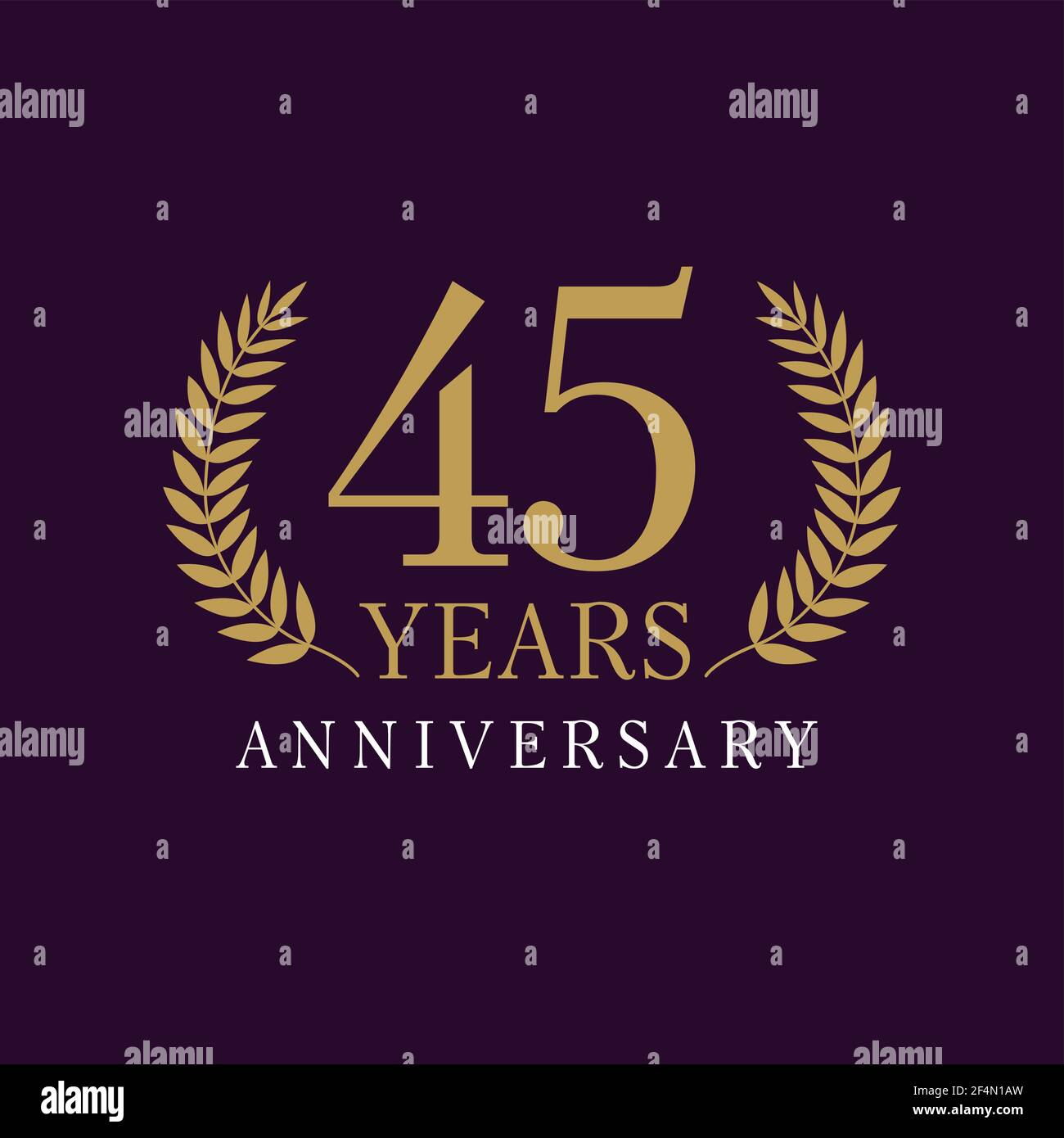 45 years old creative logotype. Congratulating 45th numbers gold colored template framed in palms. Isolated abstract graphic design template. Celebrat Stock Vector