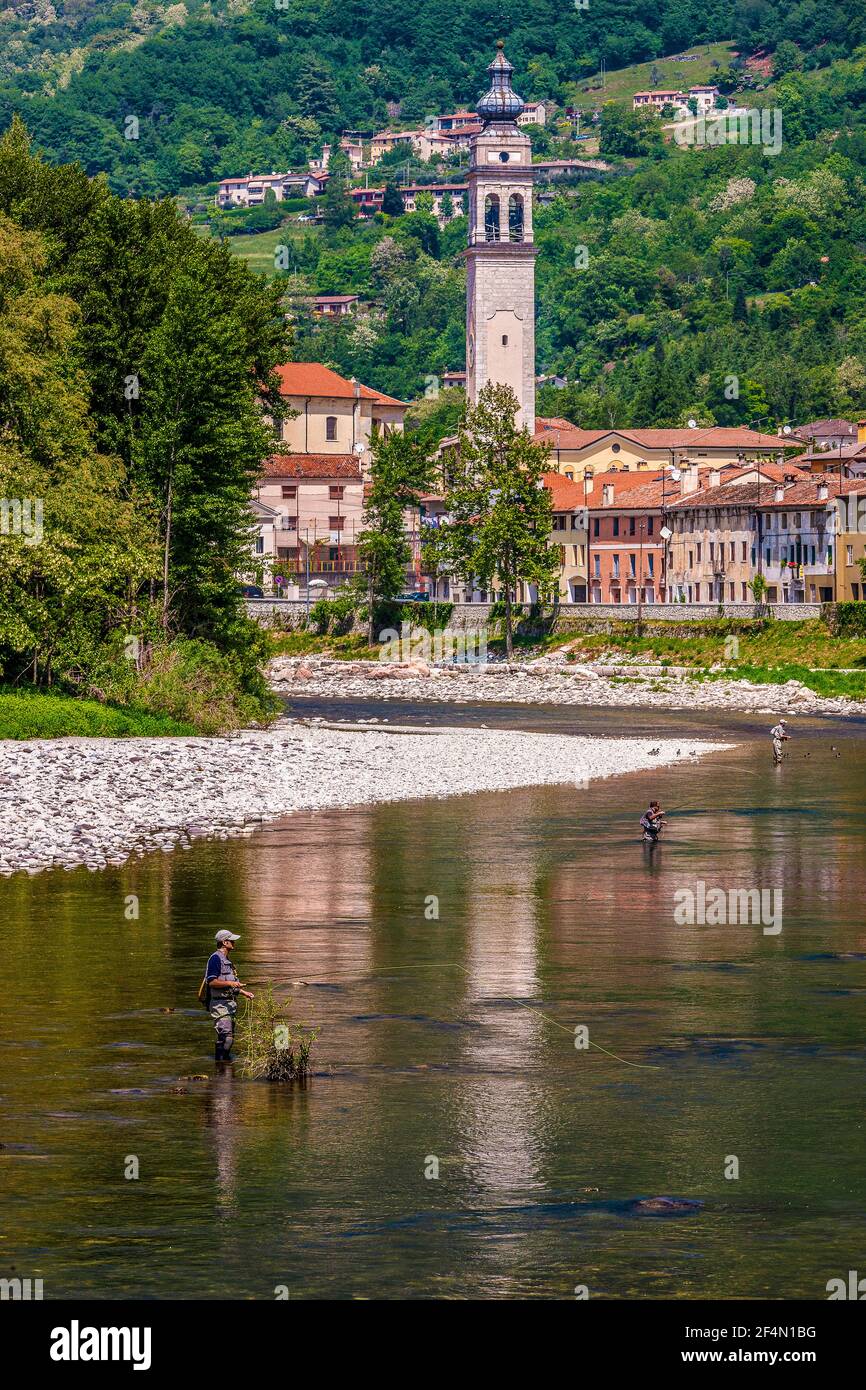 Italy Veneto Valbrenta  - Solagna   Brenta Valley -  The River Brenta - Fishermen Stock Photo