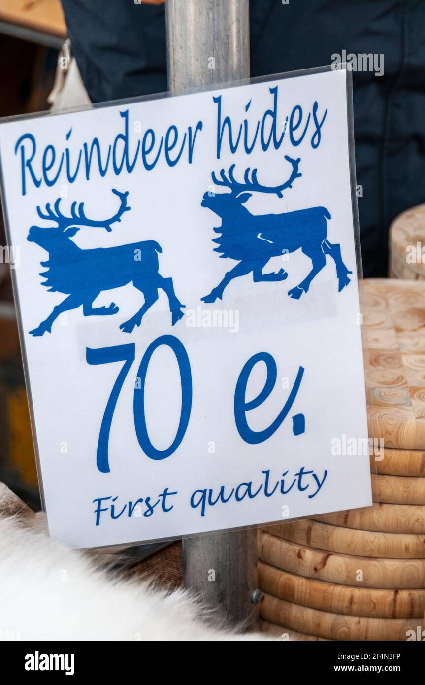 Finnish Reindeer skins on sale at an open-air market on Kauppatori (Market Square) on the main harbour front in Helsinki, Finland. Stock Photo