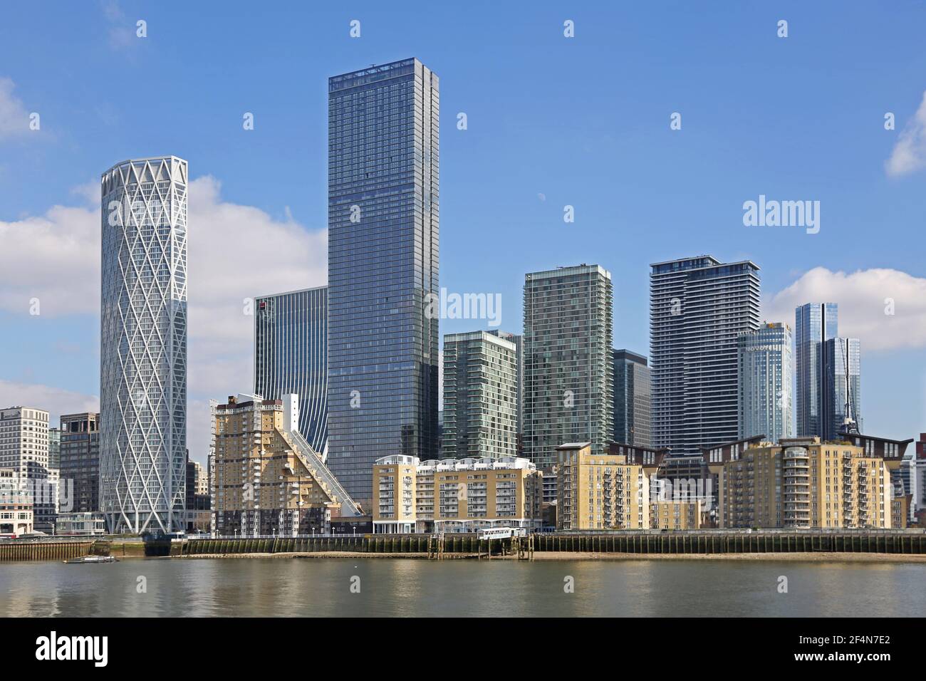 Canary Wharf, London. View from Rotherhithe showing newly completed towers, 2021: Newfoundland (far left) and Landmark Pinnacle (centre) Stock Photo