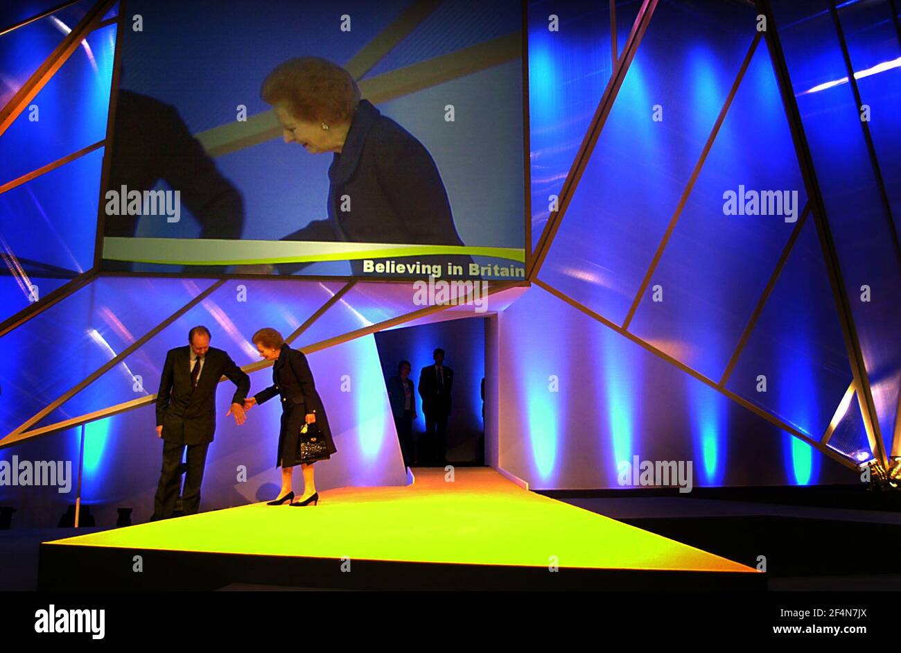 MARGARET THATCHER OCTOBER 2000IS HELPED ON STAGE AT THE CONSERVATIVE ...