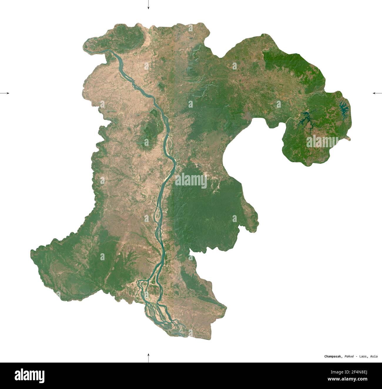 Champasak, province of Laos. Sentinel-2 satellite imagery. Shape isolated on white solid. Description, location of the capital. Contains modified Cope Stock Photo