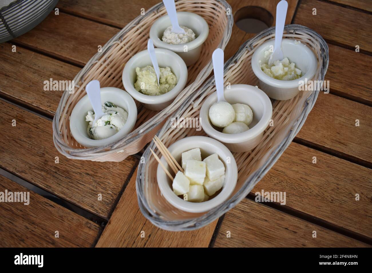 Top view of cheese samples at an organic goat cheese farm on the