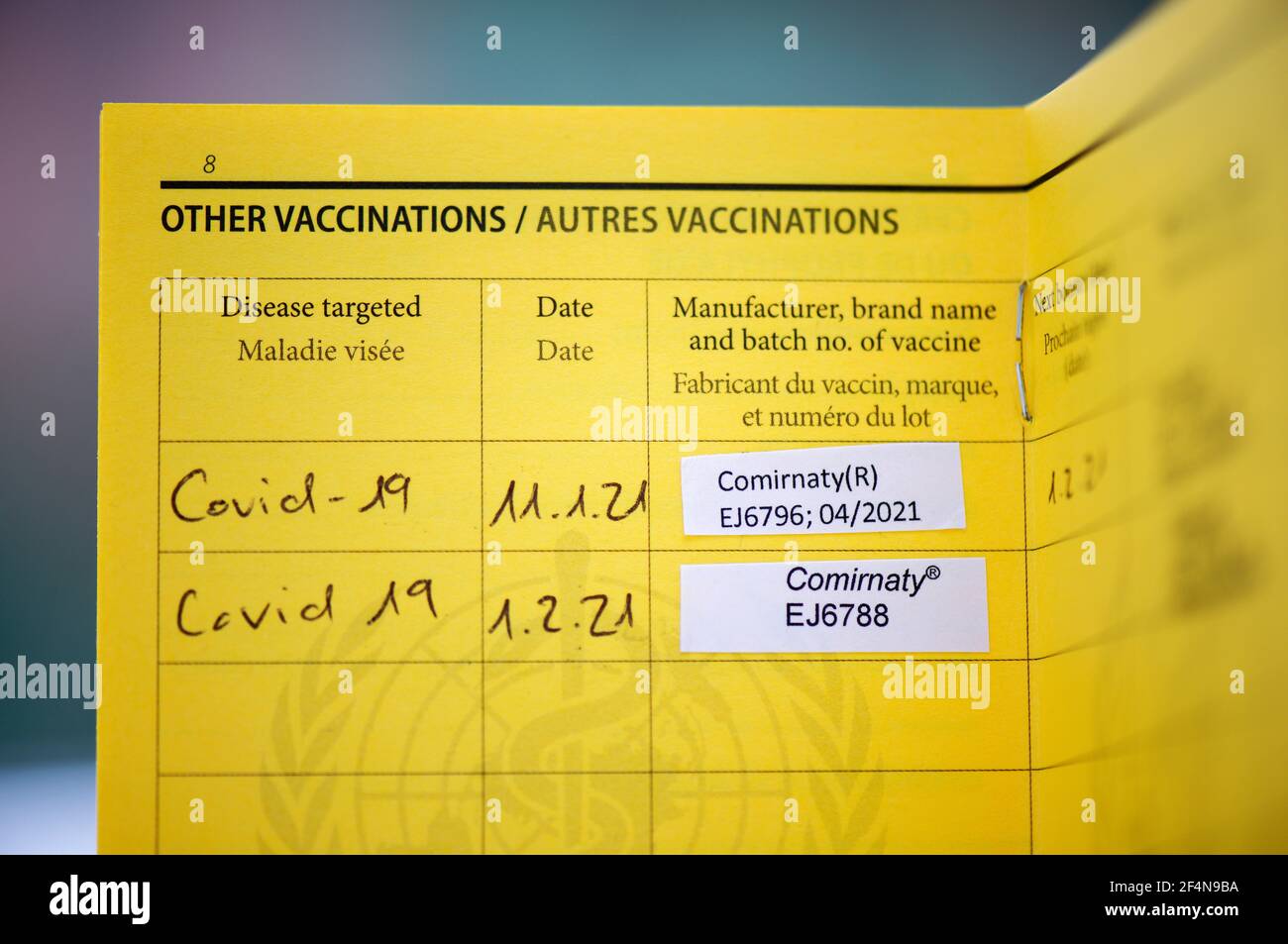 2 Covid vaccinations listed in a vaccination card Stock Photo