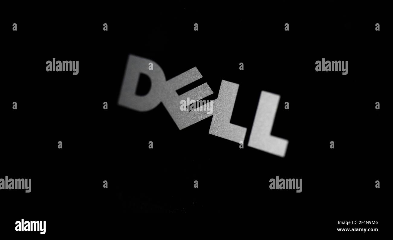 Kharkov, Ukraine - March 22, 2021: Dell logo on a black background, laptop close-up Stock Photo
