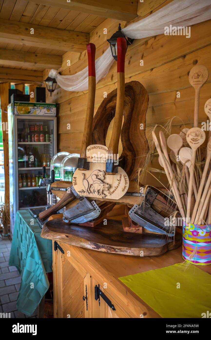 NOVA VAS, SLOVENIA - Jul 18, 2020: A closeup of decorative wood pieces in a cabin at Hija Glamping Lake Bloke, Nova Vas in Slovenia Stock Photo