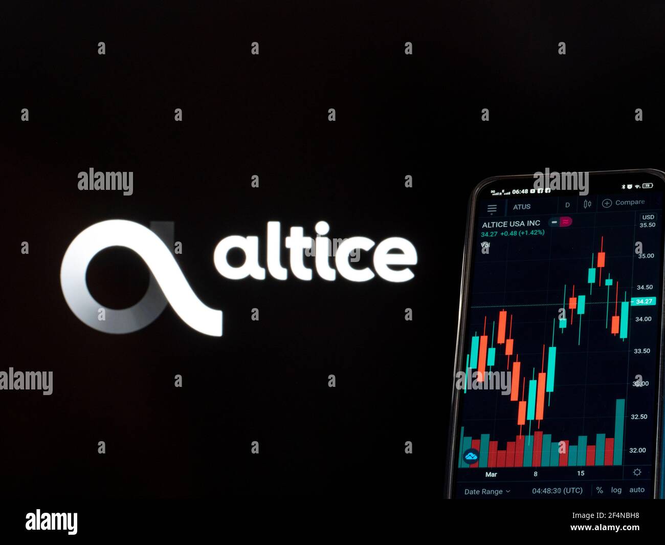 Ukraine. 22nd Mar, 2021. In this photo illustration, the stock market information of Altice USA, Inc seen displayed on a smartphone with the Altice logo in the background. (Photo by Igor Golovniov/SOPA Images/Sipa USA) Credit: Sipa USA/Alamy Live News Stock Photo