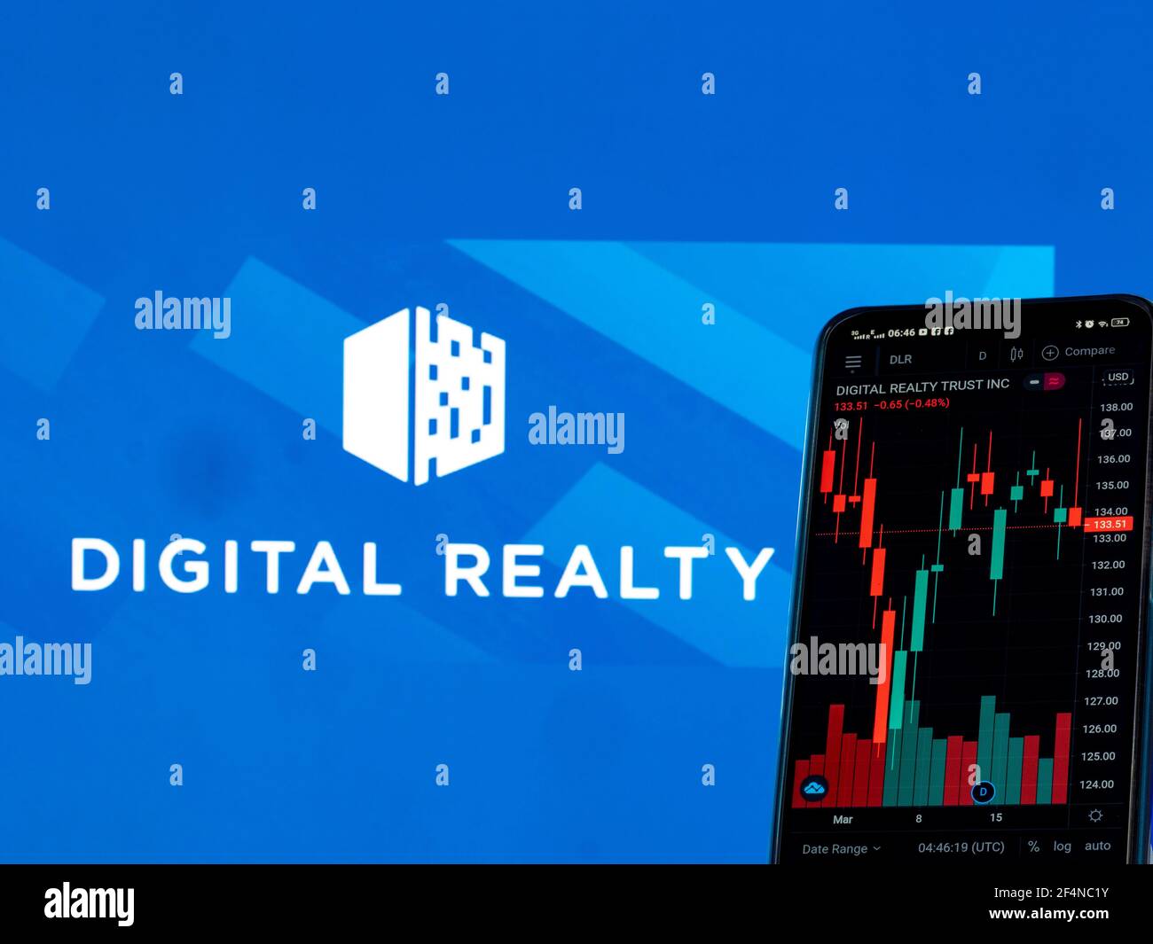 Ukraine. 22nd Mar, 2021. In this photo illustration, the stock market information of Digital Realty Trust, Inc seen displayed on a smartphone with the Digital Realty logo in the background. Credit: Igor Golovniov/SOPA Images/ZUMA Wire/Alamy Live News Stock Photo