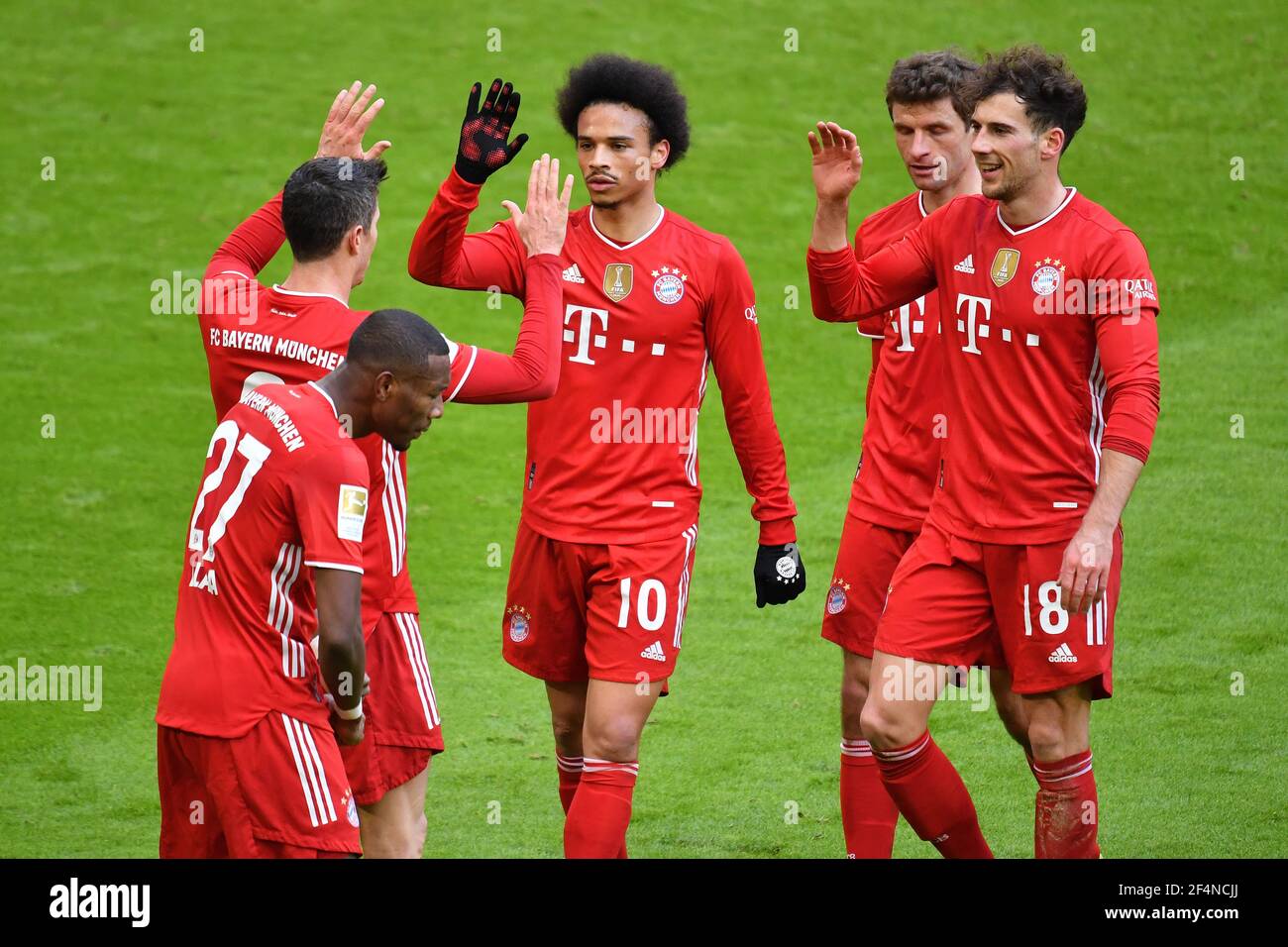 Munich, Deutschland. 20th Mar, 2021. goaljubel Robert LEWANDOWSKI (FC Bayern  Munich) after goal to 4-0 with Leroy SANE (FC Bayern Munich), Thomas  MUELLER (MULLER, FC Bayern Munich), Leon GORETZKA (FC Bayern Munich),