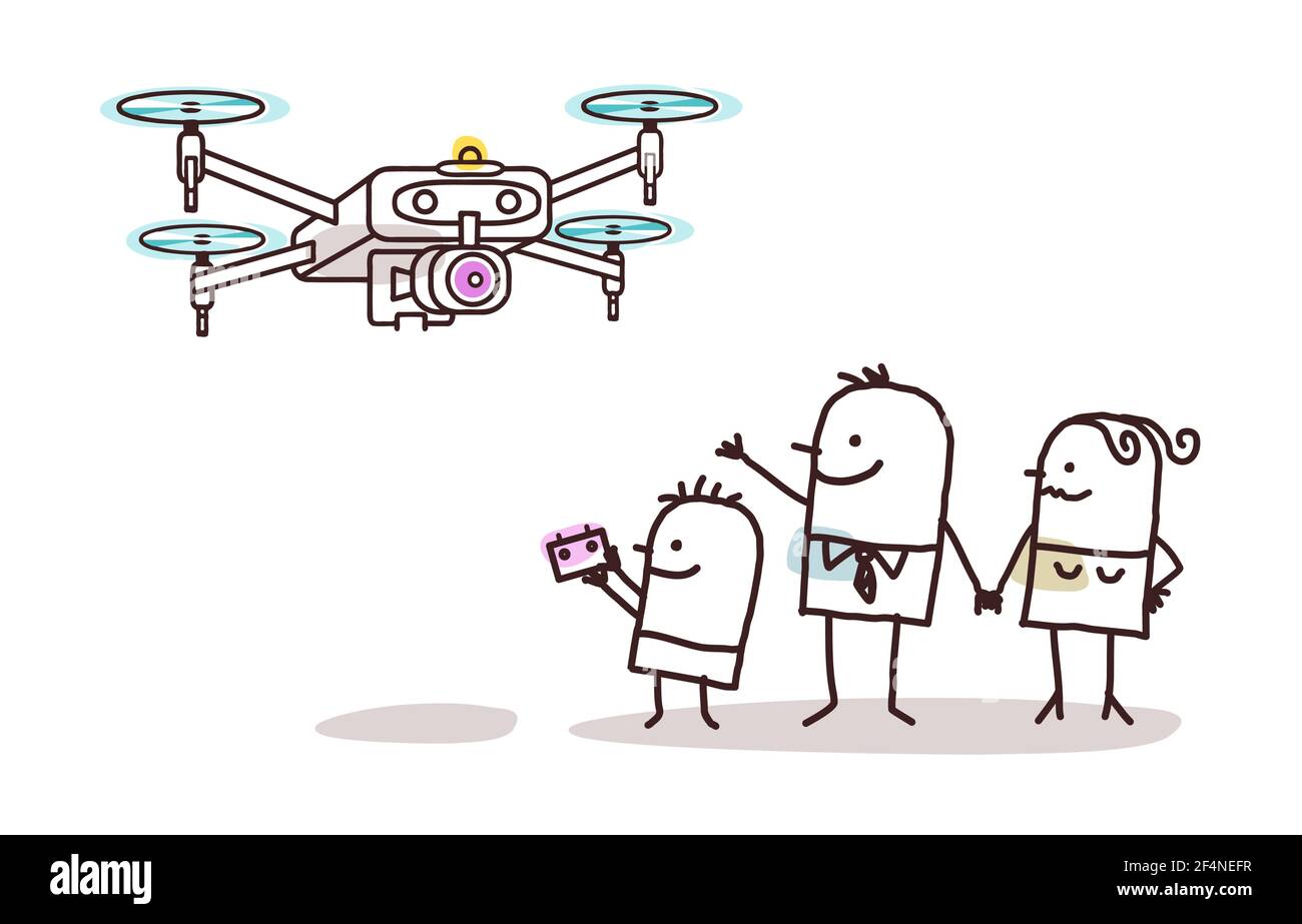 Hand drawn Cartoon Family playing with a Flying drone Stock Vector Image &  Art - Alamy