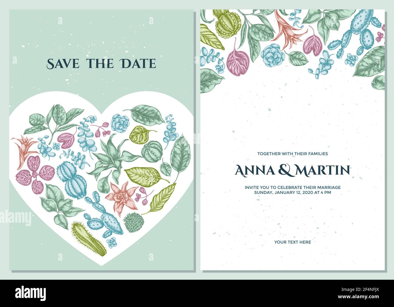Wedding invitation card with pastel ficus, iresine, kalanchoe, calathea, guzmania, cactus Stock Vector