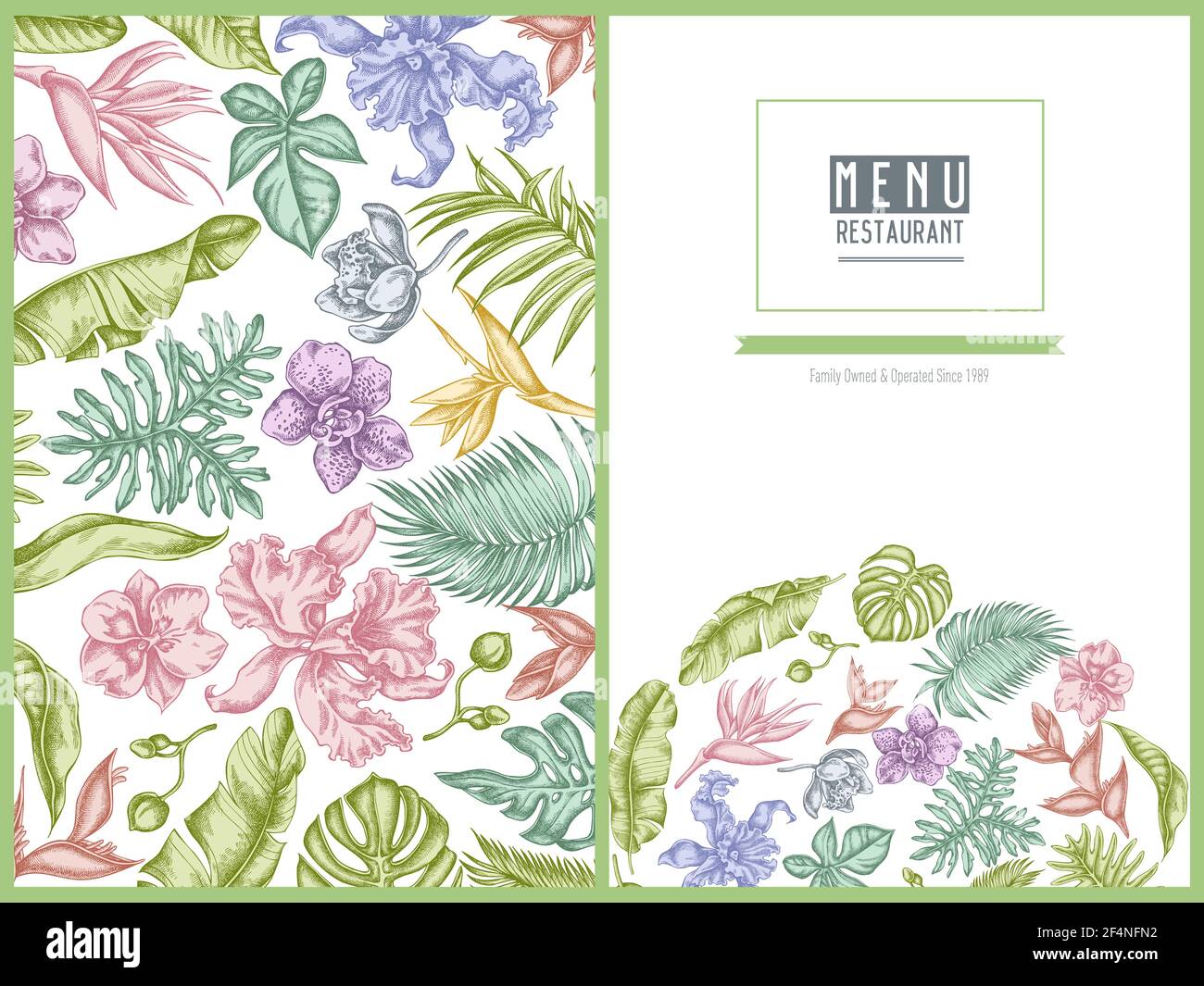 Menu cover floral design with pastel monstera, banana palm leaves ...
