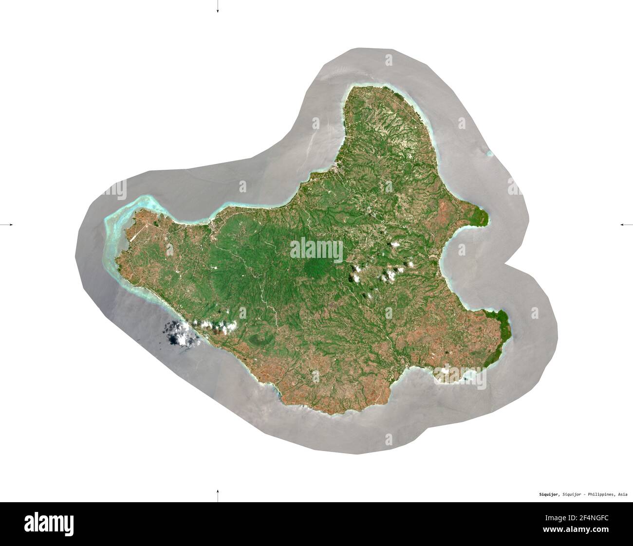 Siquijor, province of Philippines. Sentinel-2 satellite imagery. Shape isolated on white solid. Description, location of the capital. Contains modifie Stock Photo