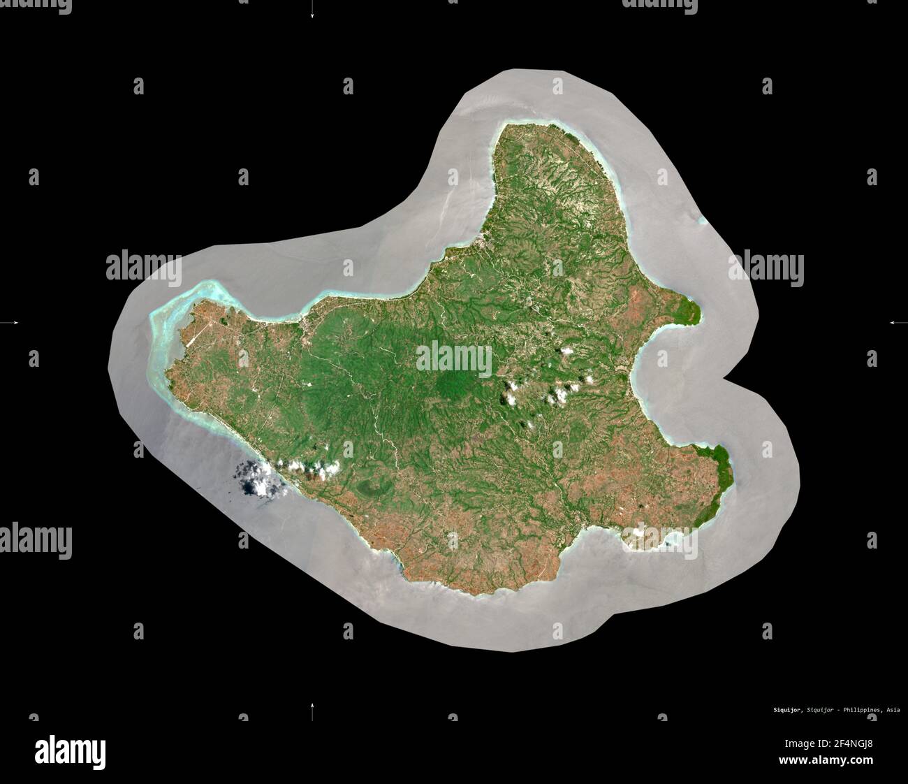 Siquijor, province of Philippines. Sentinel-2 satellite imagery. Shape isolated on black. Description, location of the capital. Contains modified Cope Stock Photo