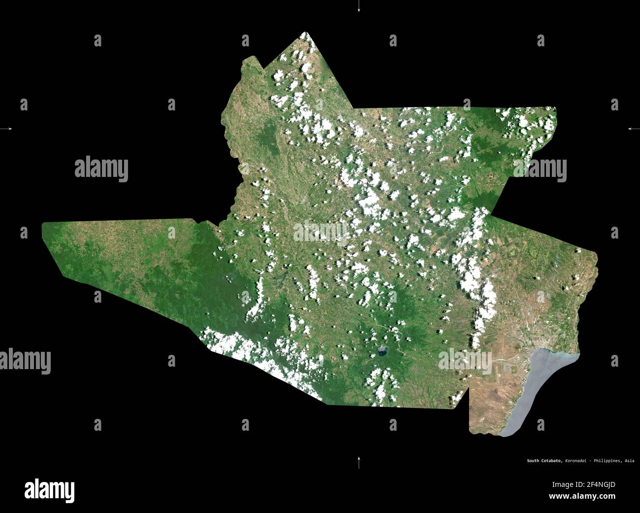 South Cotabato, province of Philippines. Sentinel-2 satellite imagery. Shape isolated on black. Description, location of the capital. Contains modifie Stock Photo