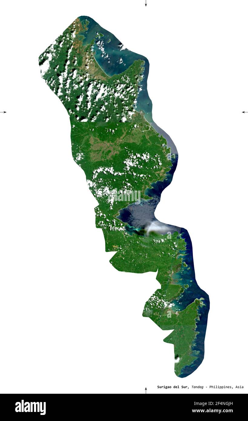 Surigao del Sur, province of Philippines. Sentinel-2 satellite imagery. Shape isolated on white solid. Description, location of the capital. Contains Stock Photo