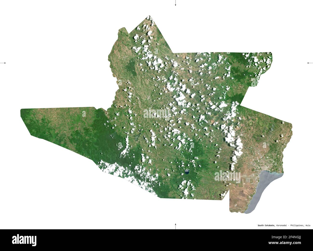 South Cotabato, province of Philippines. Sentinel-2 satellite imagery. Shape isolated on white solid. Description, location of the capital. Contains m Stock Photo