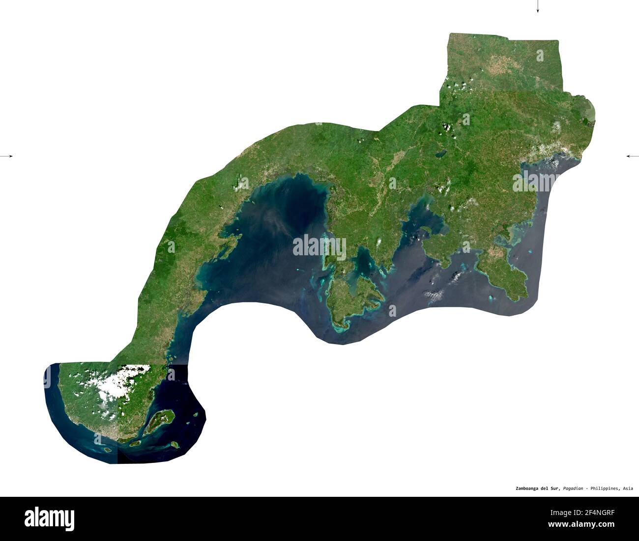 Zamboanga del Sur, province of Philippines. Sentinel-2 satellite imagery. Shape isolated on white solid. Description, location of the capital. Contain Stock Photo