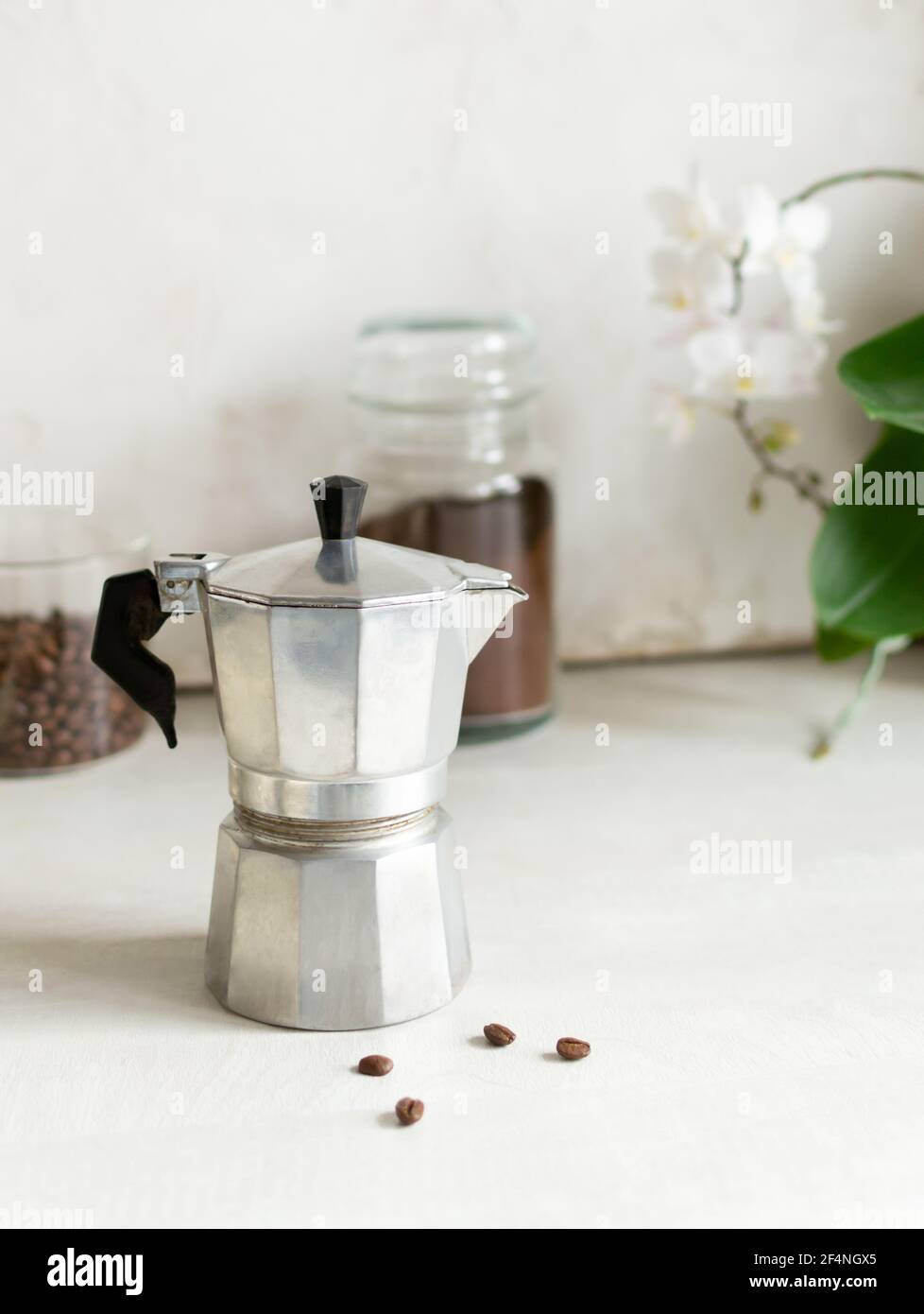 The concept of making coffee in a home kitchen. The geyser coffee