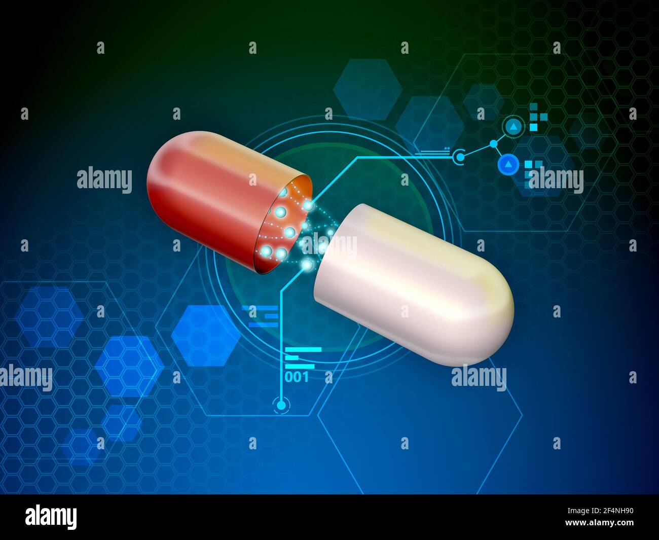 Medicine capsule showing its active ingredients. Digital illustration