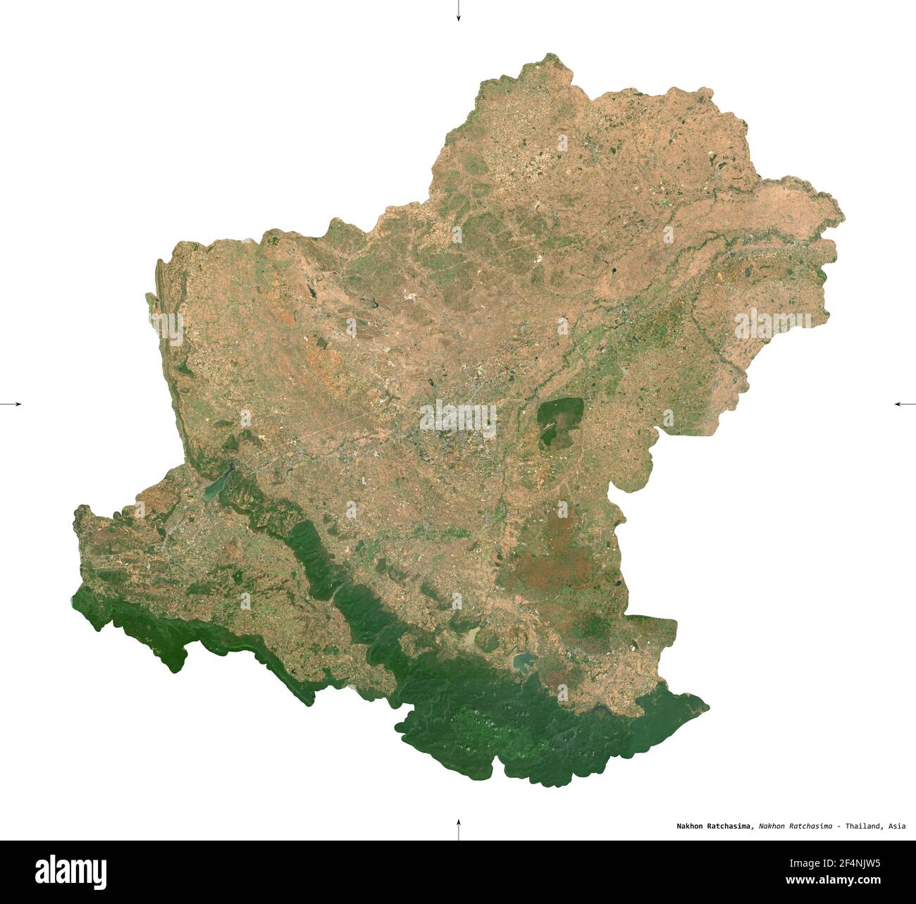 Nakhon Ratchasima, province of Thailand. Sentinel-2 satellite imagery. Shape isolated on white. Description, location of the capital. Contains modifie Stock Photo