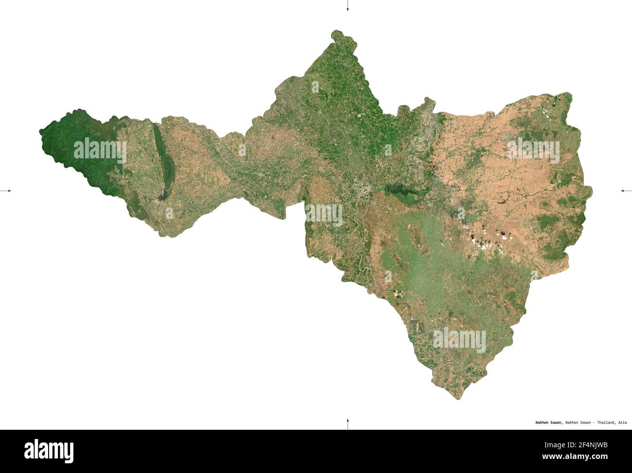 Nakhon Sawan, province of Thailand. Sentinel-2 satellite imagery. Shape isolated on white. Description, location of the capital. Contains modified Cop Stock Photo