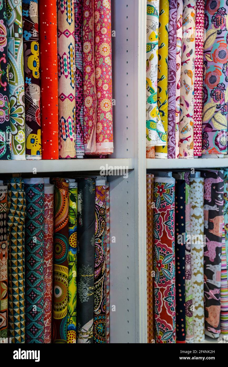 Display of colorful fabrics, Magical Scraps (fabric and children's