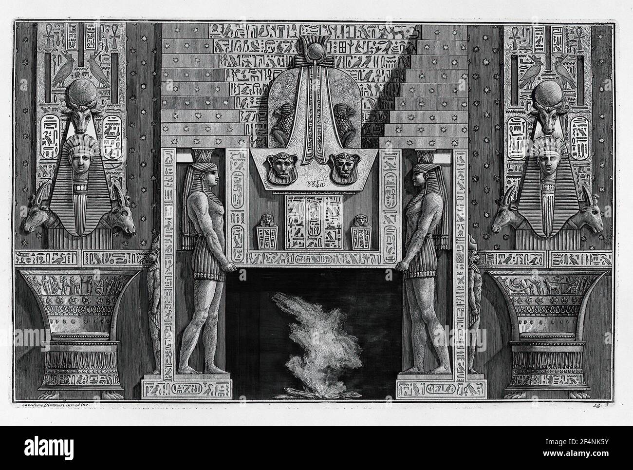 Giovanni Battista Piranesi - Egyptian Style Fireplace Two Large Sides with Figures Supporting Top Stock Photo