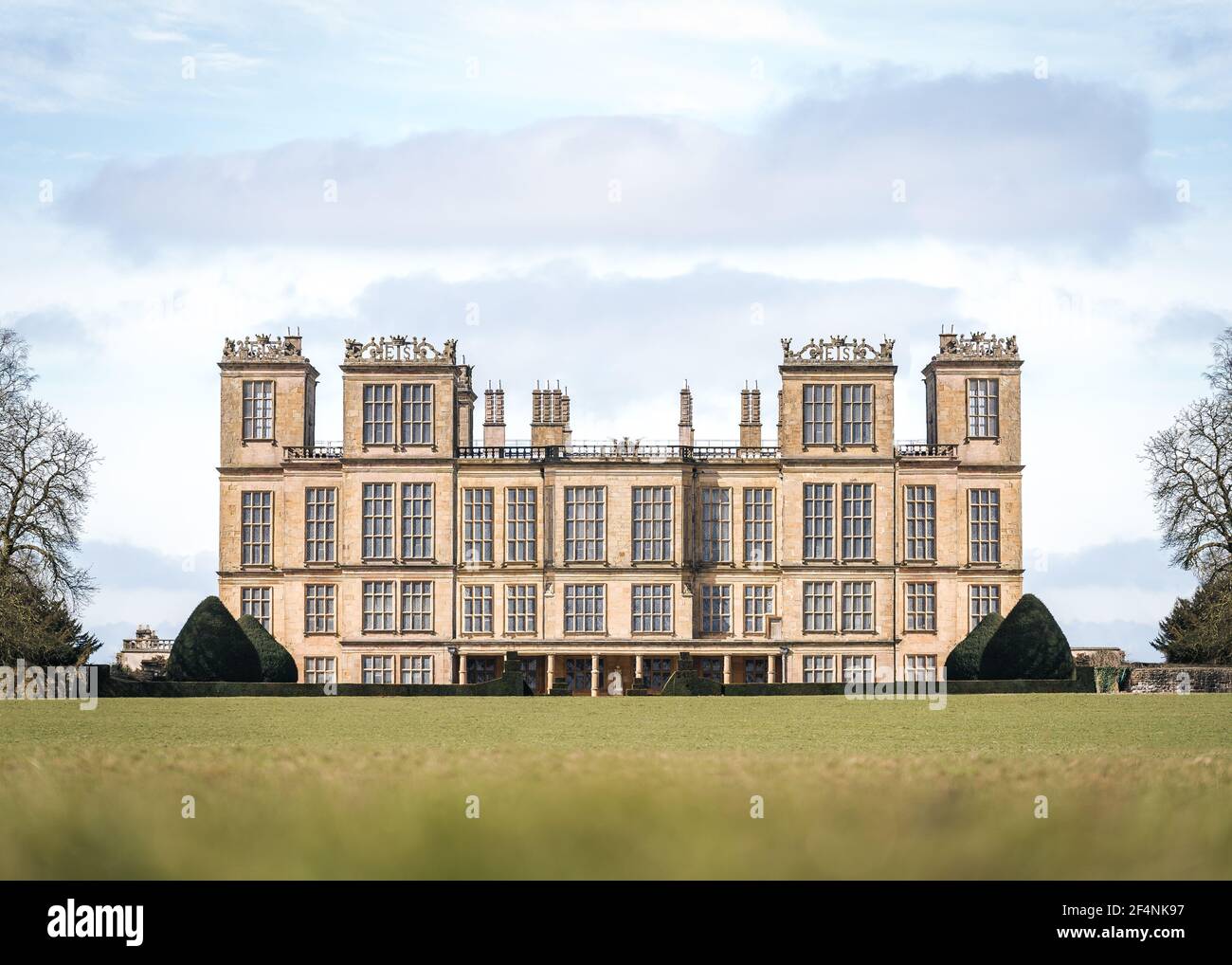 Hardwick Hall, Derbyshire, Home of Bess near Chesterfield. Renaissance architecture  mansion house estate on summer day beautiful stone work carvings Stock Photo