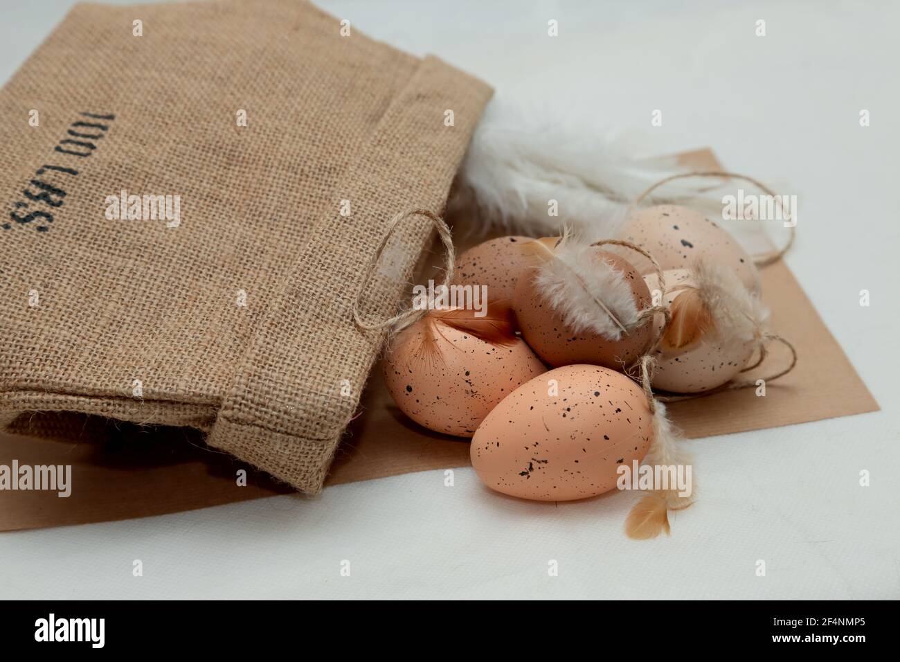 Brown easter eggs with feathers with a cardboard box on a table Stock Photo