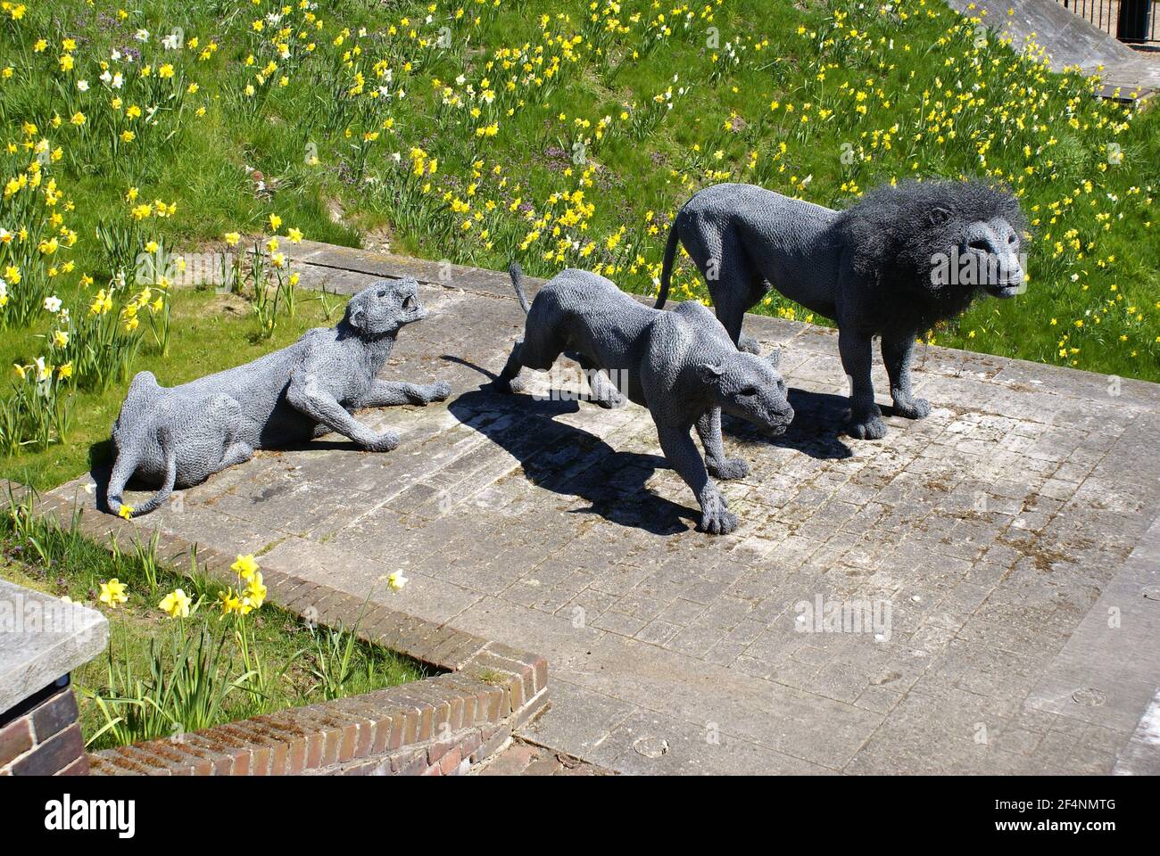 London, UK April 2013 three lion sculptures of the Royal Menagerie of the Tower of London