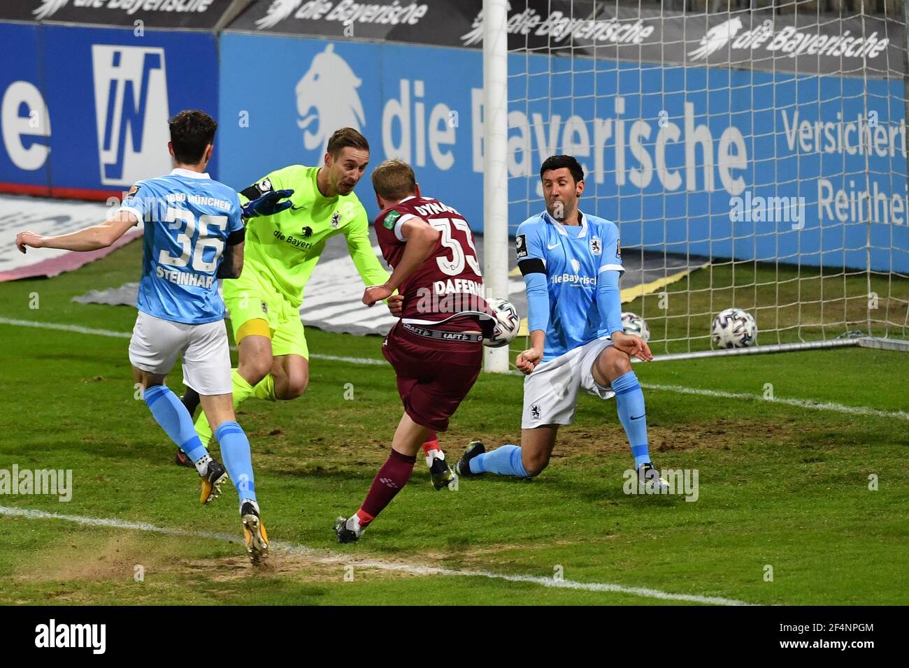 Penalty area scene, Stefan SALGER (TSV Munich 1860) heads the ball away,  action, duels. Soccer 3rd league, Liga3, TSV Munich 1860 - SC Verl on April  10th, 2021 in Muenchen GRUENWALDER STADION.