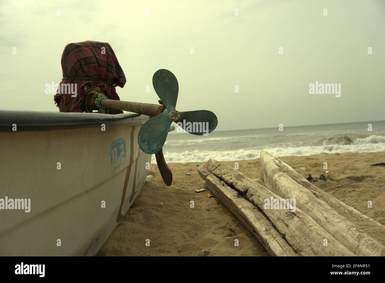 Three Blade motor boat engine propeller fitted on a small fishing boat