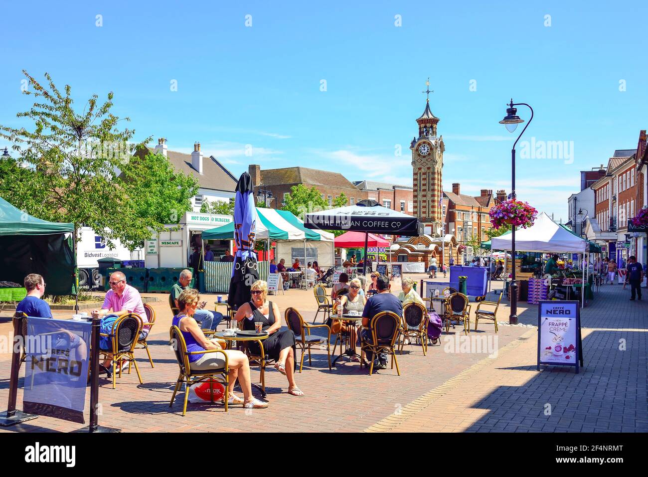 Outdoor cafe and market stalls, High Street, Epsom, Surrey, England, United Kingdom Stock Photo