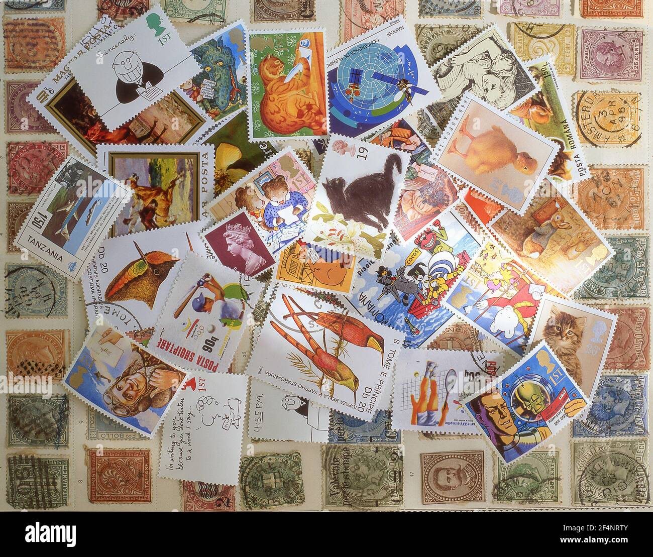 Collection of stamps in studio setting, Berkshire, England, United Kingdom Stock Photo