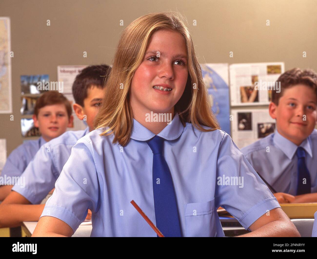 Young woman in secondary school comprehensive class, Guilford, Surrey, England, United Kingdom Stock Photo