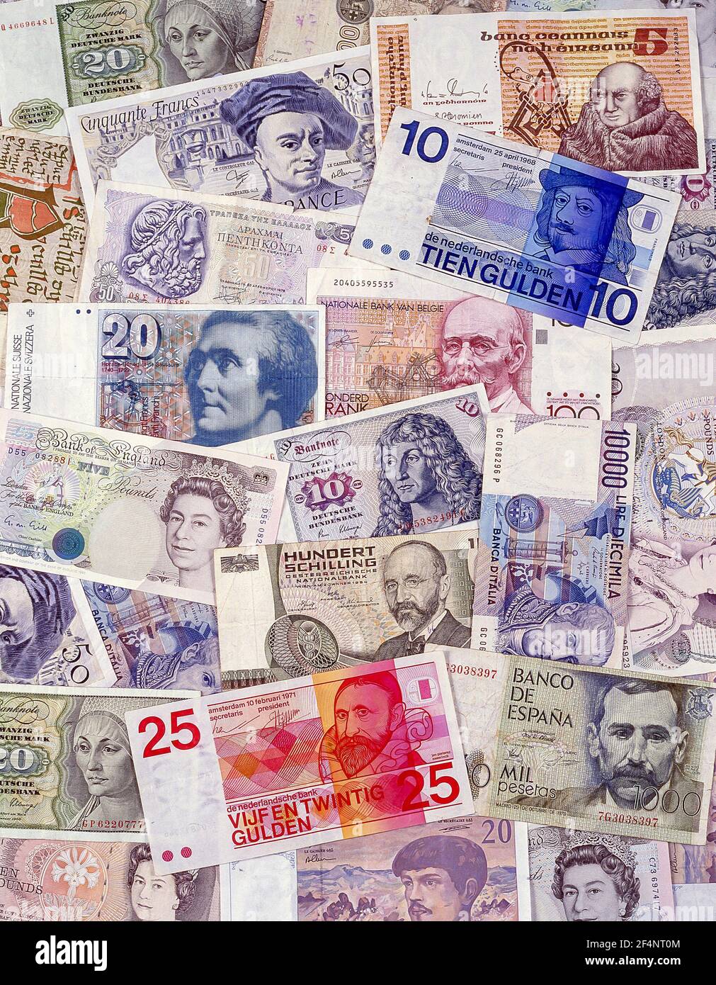 Selection of former European currency notes, Greater London, England, United Kingdom Stock Photo