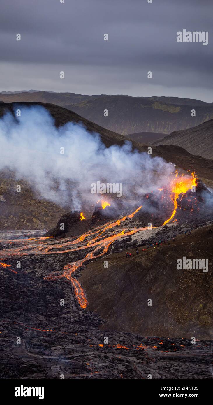 Molten lava flowing from a small volcanic eruption in Mt Fagradalsfjall,  near the capital of Reykjavik, Southwest Iceland, in March 2021 Stock Photo  - Alamy