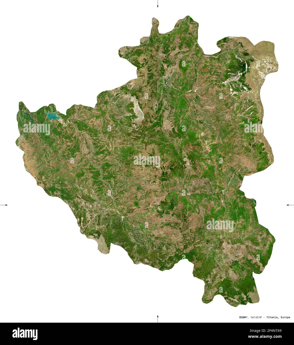 Diber, county of Albania. Sentinel-2 satellite imagery. Shape isolated on white. Description, location of the capital. Contains modified Copernicus Se Stock Photo