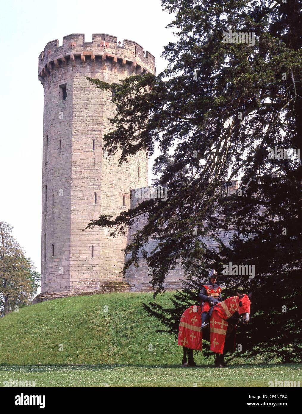 Guy's Tower and Knight on horseback, Warwick Castle, Warwick, Warwickshire, England, United Kingdom Stock Photo