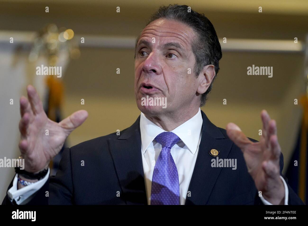 Mt. Vernon, United States. 22nd Mar, 2021. New York Governor Andrew Cuomo speaks at Grace Baptist Church, a new pop-up vaccination site, in Mt. Vernon, New York on Monday, March 22, 2021. Cuomo was there to encourage all people to get vaccinated, especially those in underserved communities that were the most effected by the pandemic. Pool Photo by Seth Wenig/UPI Credit: UPI/Alamy Live News Stock Photo