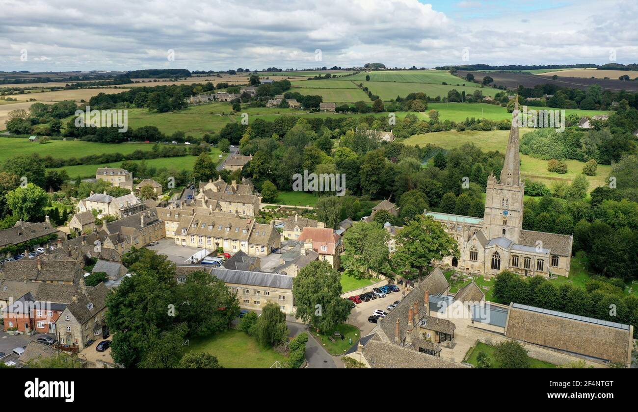 Burford Cotswolds Oxfordshire England UK Britain Cotswold village aerial view. PICTURE BY SAM