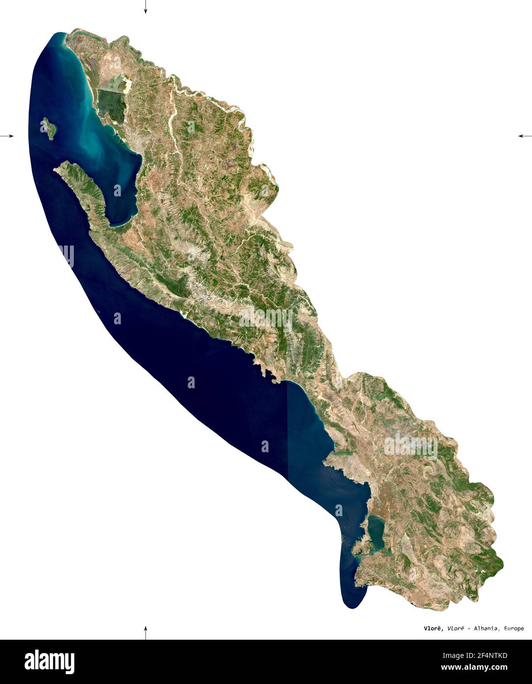 Vlore, county of Albania. Sentinel-2 satellite imagery. Shape isolated on white. Description, location of the capital. Contains modified Copernicus Se Stock Photo
