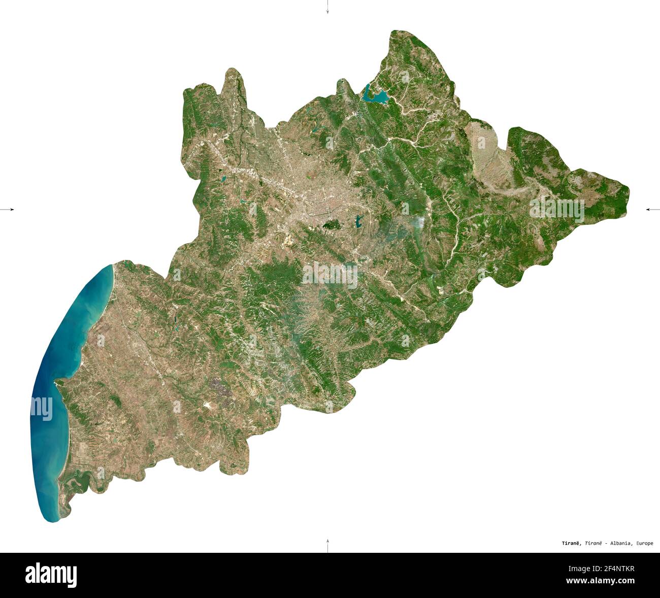 Tirane, county of Albania. Sentinel-2 satellite imagery. Shape isolated on white. Description, location of the capital. Contains modified Copernicus S Stock Photo