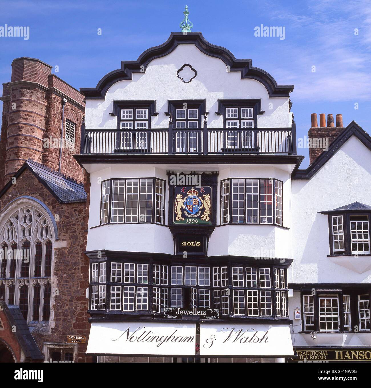 16th century Mol's Coffee House building frontage, Cathedral Close, Exeter, Devon, England, United Kingdom Stock Photo
