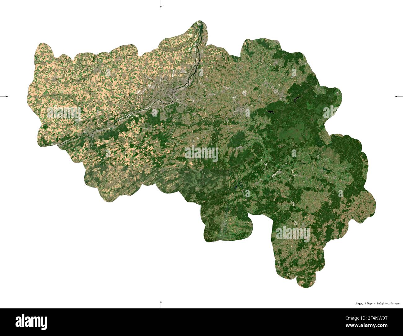 Liege, province of Belgium. Sentinel-2 satellite imagery. Shape isolated on white solid. Description, location of the capital. Contains modified Coper Stock Photo