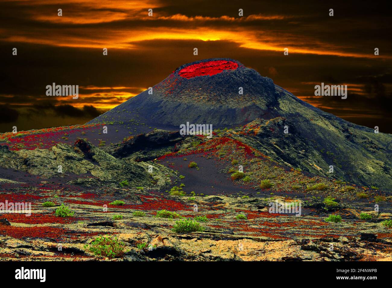 Pico Partido is a volcano in the Timanfaya National Park on the island of Lanzarote. In this fantasy image the volcano is made to look active. Stock Photo