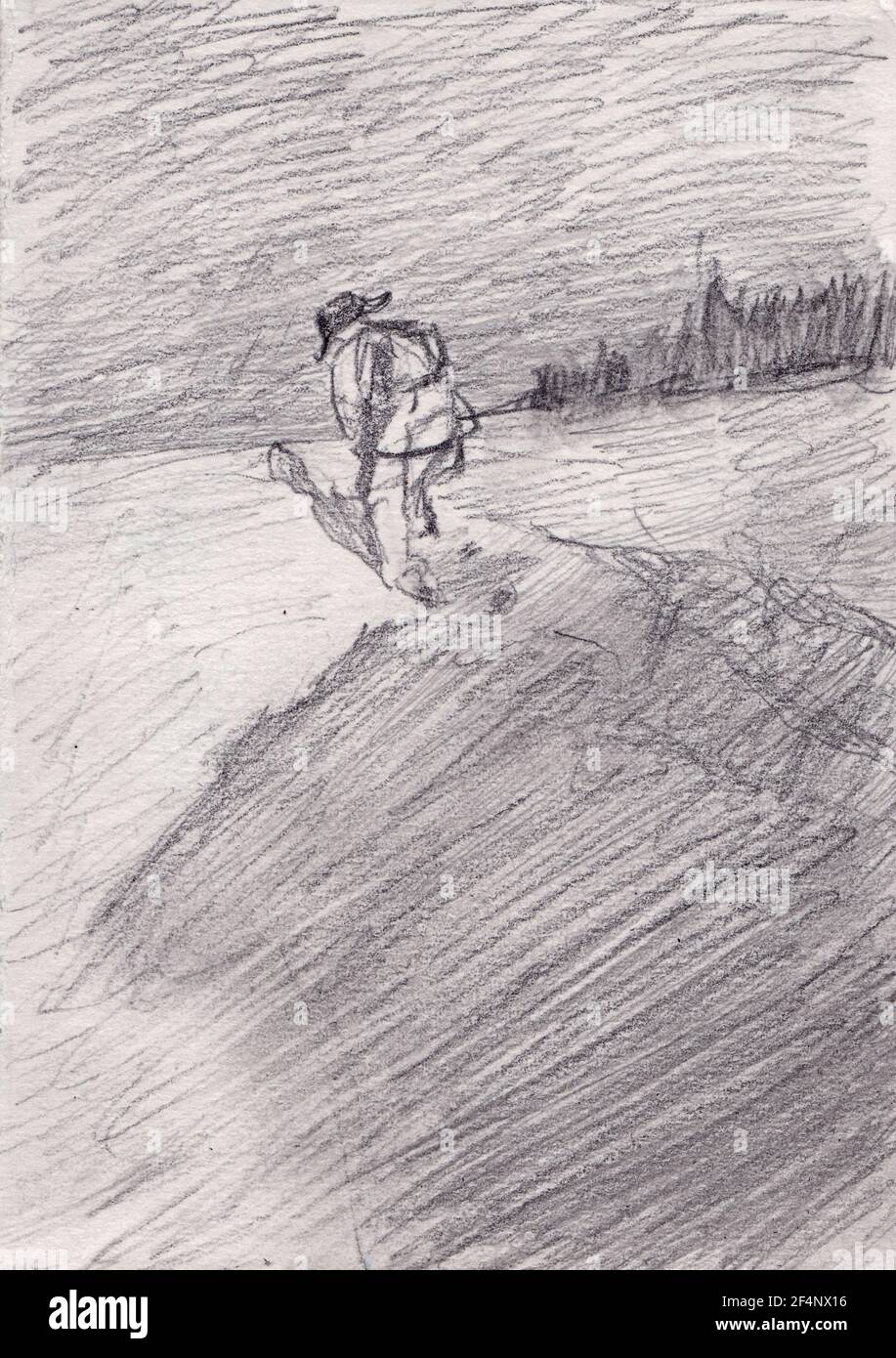 Snowy illustration with a lonely man, pencil Stock Photo - Alamy