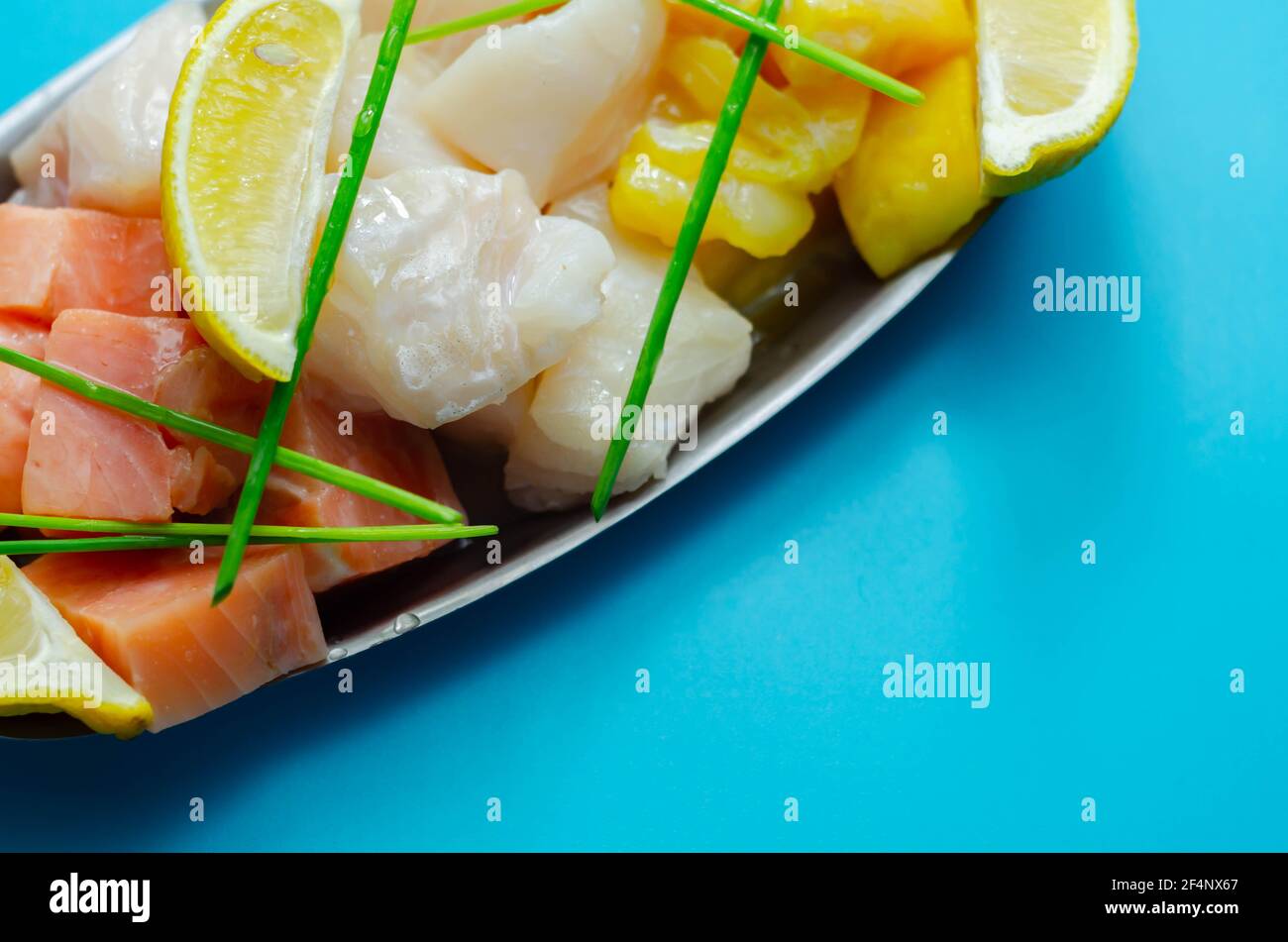 Fish pie mix, defrosted, skinless and boneless cod, dyed smoked haddock